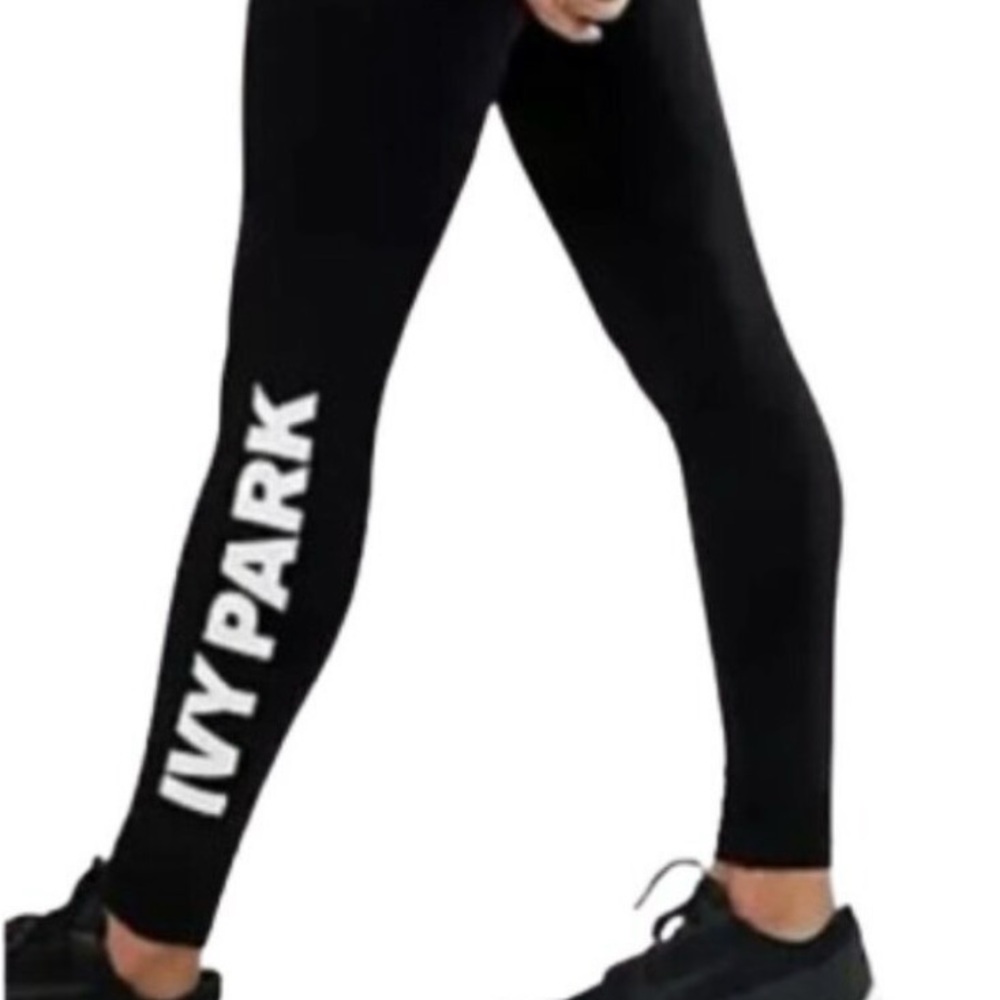 Women's L Ivy Park Black and White Logo Spell Out High Rise Fold Over Leggings